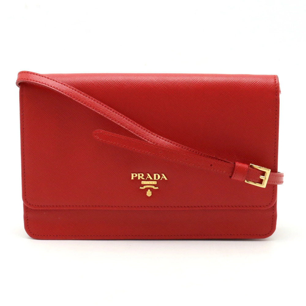 Prada SAFFIANO METAL Shoulder Wallet Bag Clutch Leather Red Mirror